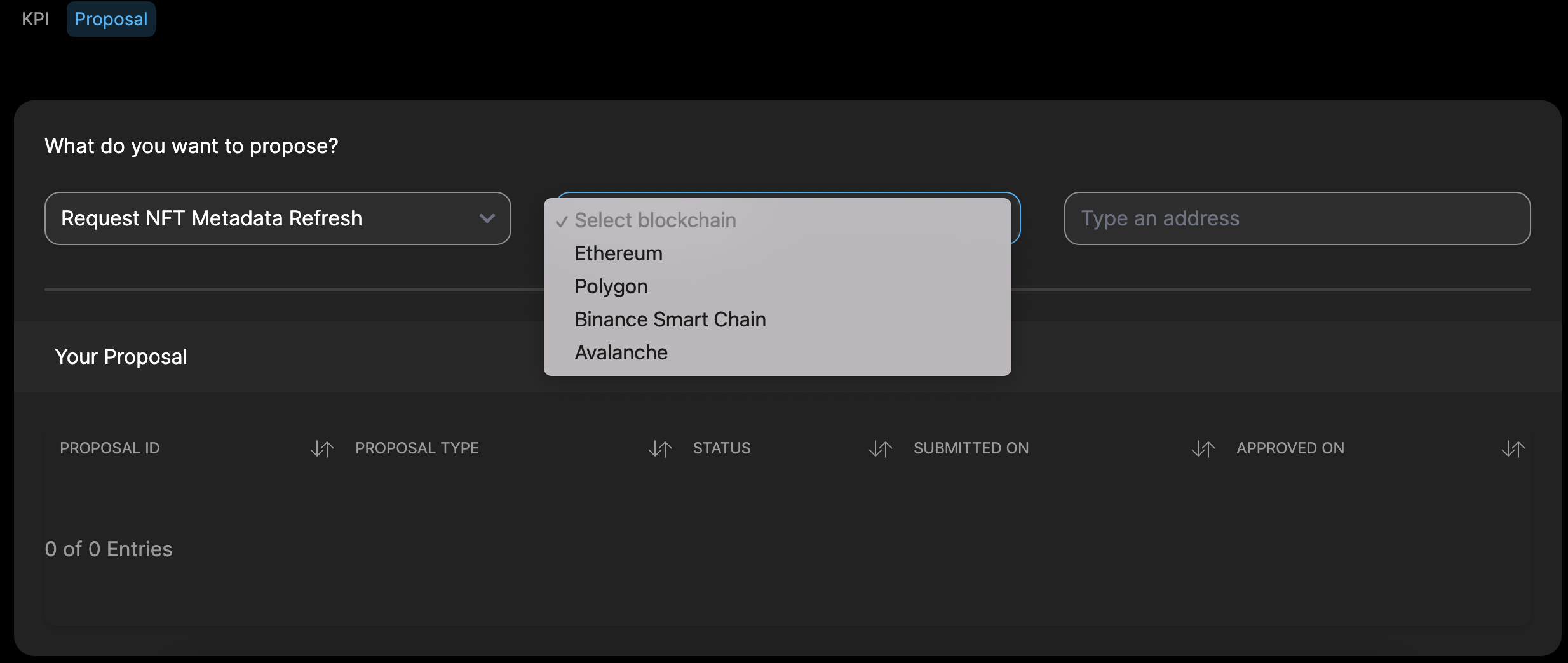Select the Blockchain the Proposal is for